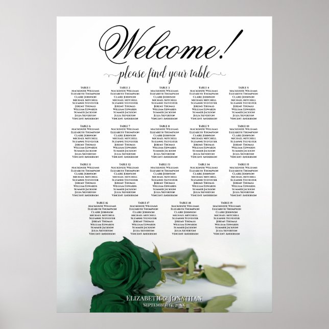 Póster Gráfico de Asientos de Boda de Mesa 19 Rosas Verde (Frente)