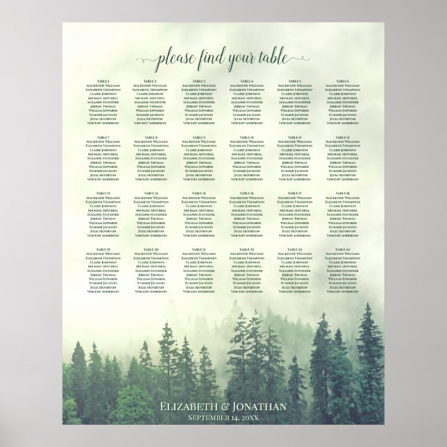 Póster Gráfico de Asientos de Boda de Mesa 24 Pinos Verde (Frente)