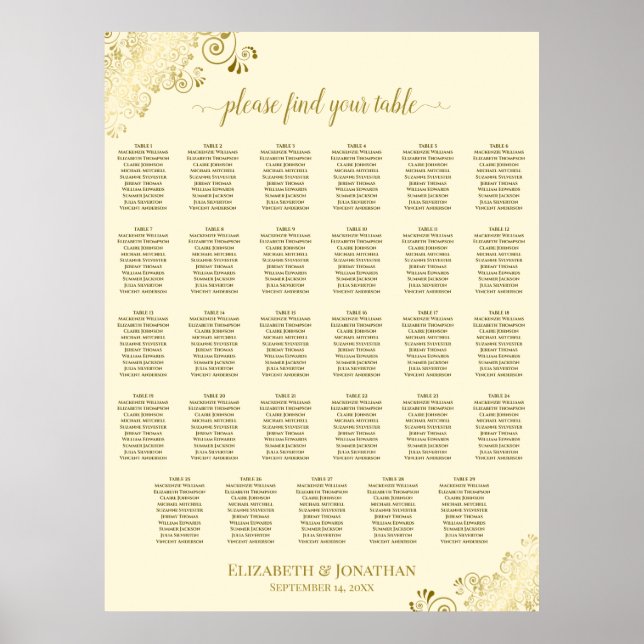 Póster Gráfico de Asientos de Boda de Mesa 29 Fancy Gold  (Frente)