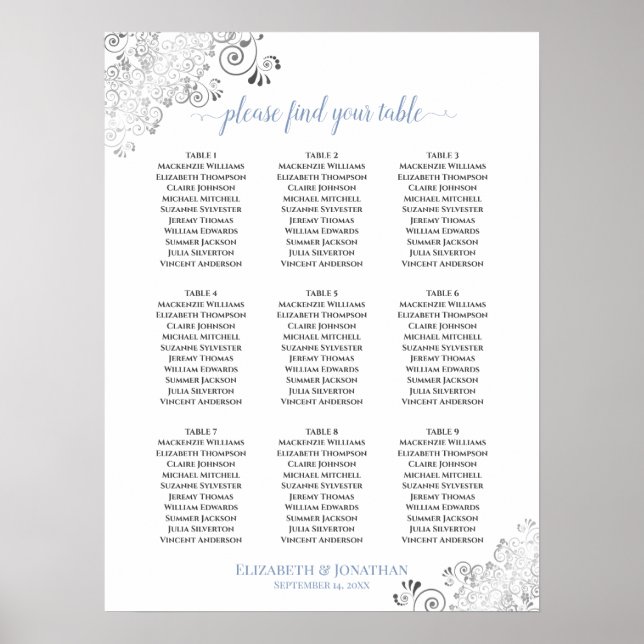 Póster Gráfico de asientos de Boda de mesa 9 Frilly (Frente)