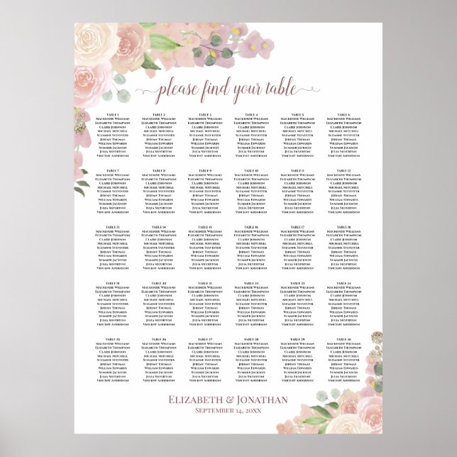Póster Gráfico de Asientos de Boda de Mesa con Rosas Boho (Frente)