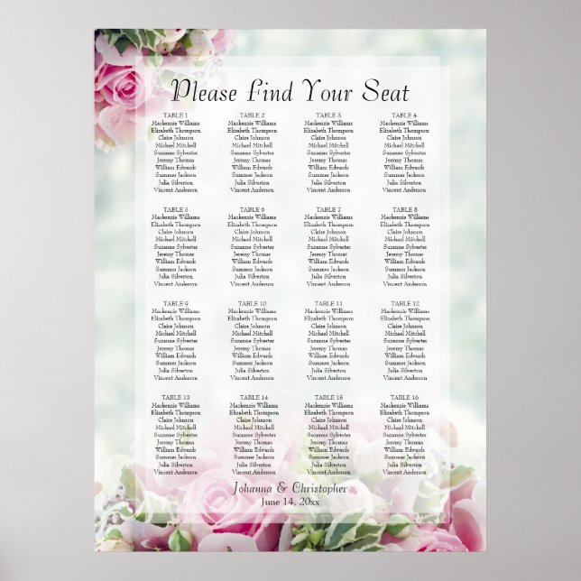 Póster Gráfico de Asientos de Boda de Mesa con Rosas Rosa (Frente)