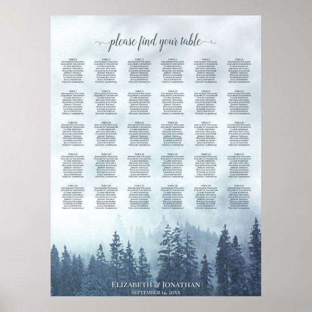 Póster Gráfico de Asientos de Boda de Mesa de 30 Bosque d (Frente)