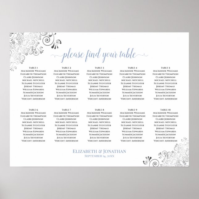 Póster Gráfico de asientos de Boda de mesa Frilly 10 Blan (Frente)