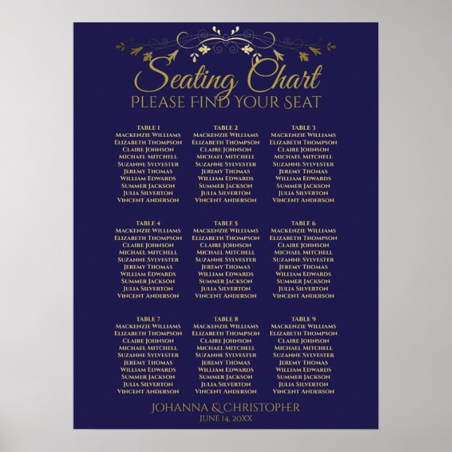 Póster Gráfico de Asientos de Boda de Mesa Simple Dorado  (Frente)