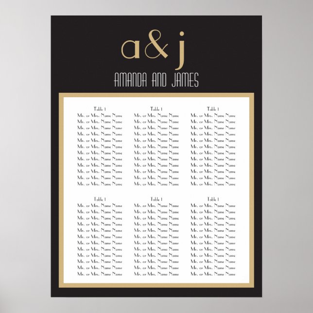 Póster Gráfico de asientos de Boda de monograma Art Deco (Frente)