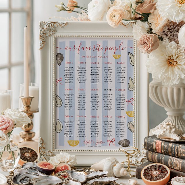Póster Gráfico de Asientos de Boda de Ostras con Franja A (Coastal Blue Stripe Oyster Wedding Seating Chart)