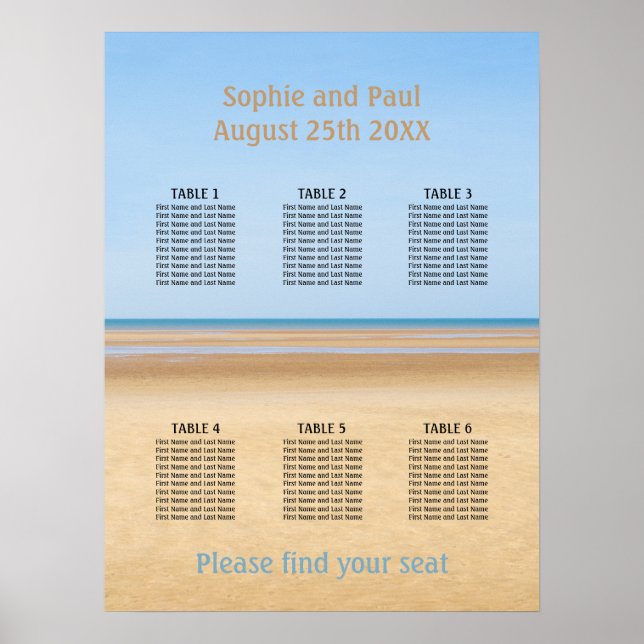 Póster Gráfico de asientos de boda de playa con 6 mesas (Frente)