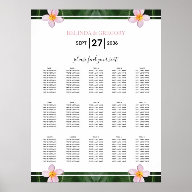 Póster Gráfico de asientos de Boda de Plumeria Rosa Frang (Frente)