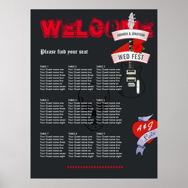 Póster Gráfico de Asientos de Boda de Rock and Roll (Frente)