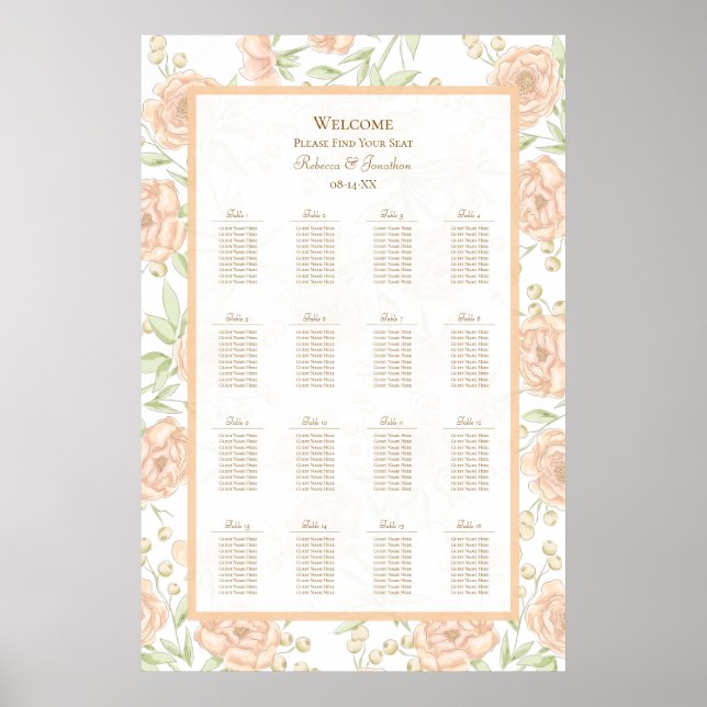 Póster Gráfico de Asientos de Boda de Rosa Melocotón (Frente)