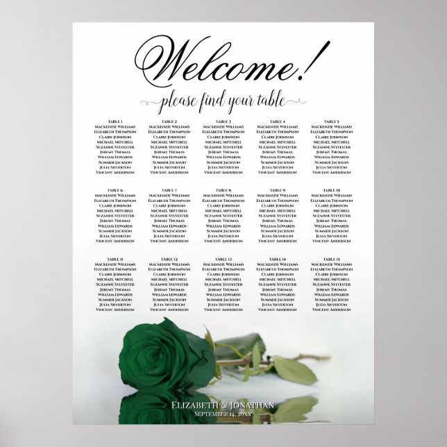 Póster Gráfico de Asientos de Boda de Rosa Verde Esmerald (Frente)