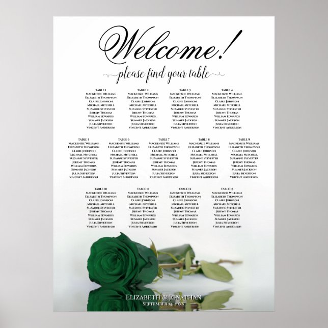 Póster Gráfico de Asientos de Boda de Rosa Verde Esmerald (Frente)