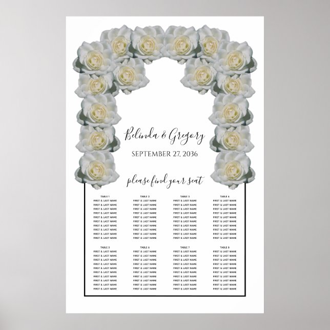 Póster Gráfico de asientos de Boda de rosas blancas (Frente)