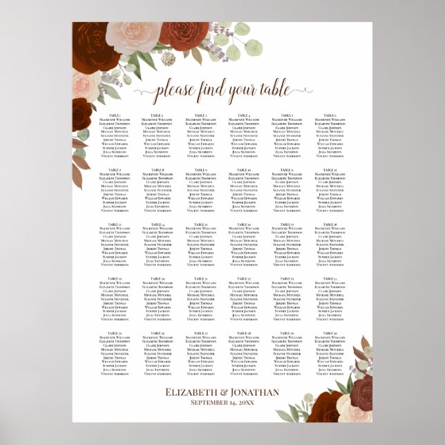 Póster Gráfico de Asientos de Boda de Rosas Otoñales Rúst (Frente)