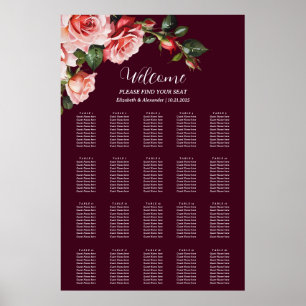 Póster Gráfico de asientos de boda de rosas rojas rosadas