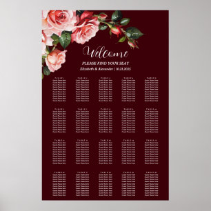 Póster Gráfico de asientos de boda de rosas rojas rosadas
