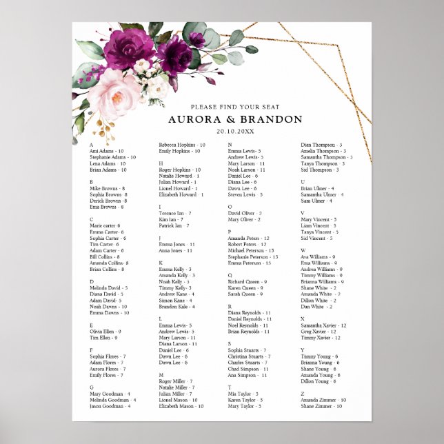 Póster Gráfico de Asientos de Boda de Rosas Rosadas con T (Frente)
