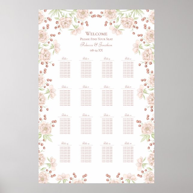Póster Gráfico de Asientos de Boda de Rosas Rosadas Rubor (Frente)