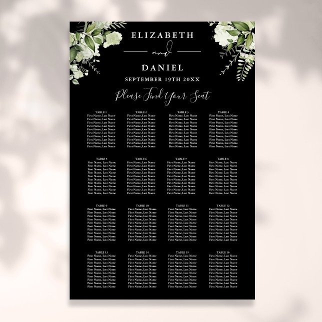 Póster Gráfico De Asientos De Boda De Verdor Blanco Y Neg (Black And White Greenery Wedding Seating Chart)