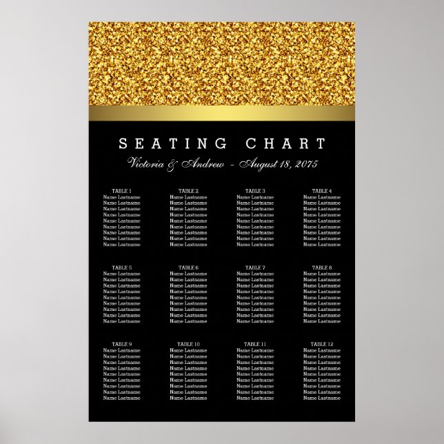 Póster Gráfico de Asientos de Boda Dorado Elegante (Frente)