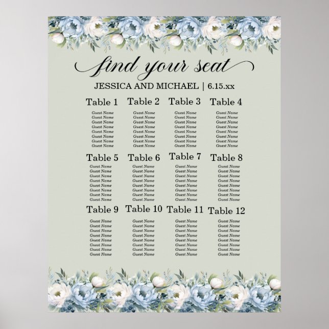 Póster Gráfico de Asientos de Boda Dusty Blue Sage Verde (Frente)