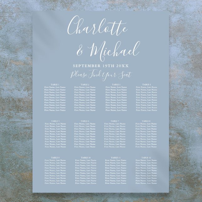 Póster Gráfico de Asientos de Boda Elegante Azul Polvo (Dusty Blue Elegant Signature Wedding Seating Chart)