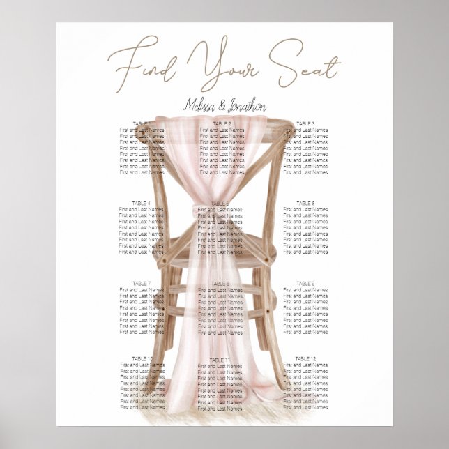 Póster Gráfico de Asientos de Boda Elegante Boho Rosa Mod (Frente)