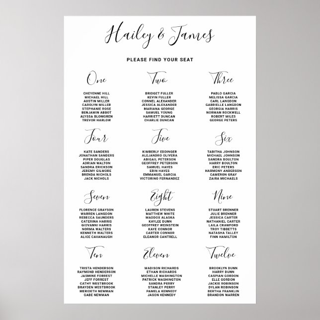 Póster Gráfico de Asientos de Boda Elegante en Blanco y N (Frente)