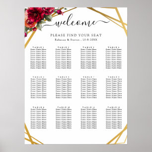 Póster Gráfico de asientos de boda elegante rojo floral f