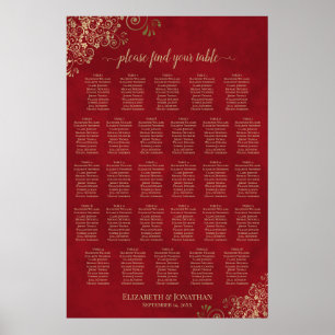 Póster Gráfico de Asientos de Boda Elegante Rojo y Dorado