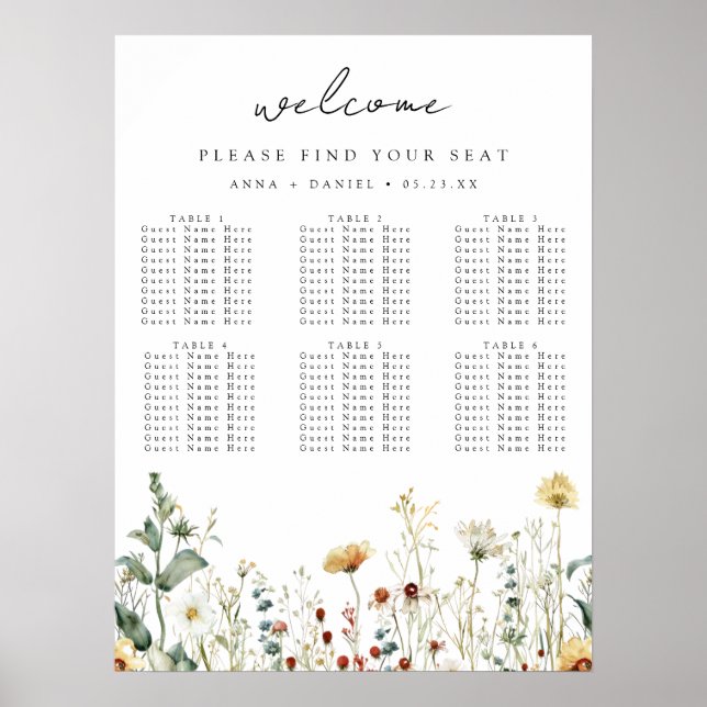 Póster Gráfico de Asientos de Boda en Campo de Flores Sil (Frente)