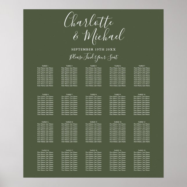 Póster Gráfico de Asientos de Boda en Letra Script Verde  (Frente)