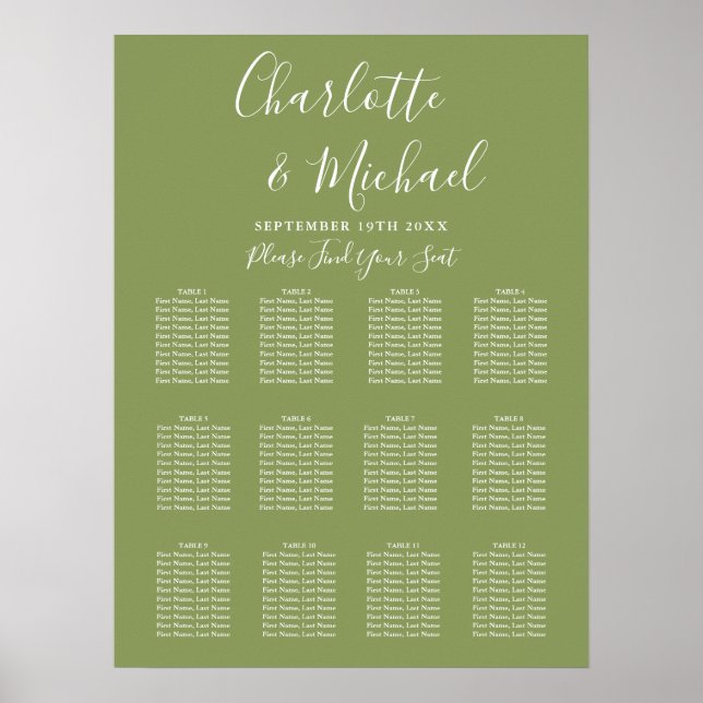 Póster Gráfico de Asientos de Boda en Letra Script Verde  (Frente)