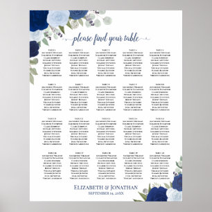 Póster Gráfico de Asientos de Boda Floral Azul Elegante d