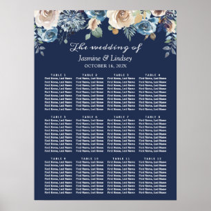 Póster Gráfico de Asientos de Boda Floral Azul Marino