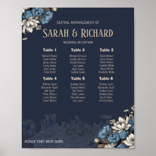 Póster Gráfico de Asientos de Boda Floral Azul Marítimo E