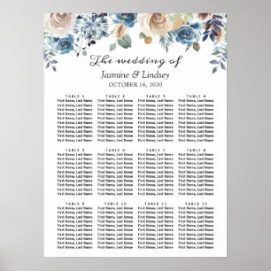 Póster Gráfico de Asientos de Boda Floral Azul Polvorient