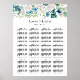Póster Gráfico de asientos de Boda floral azul verde blan