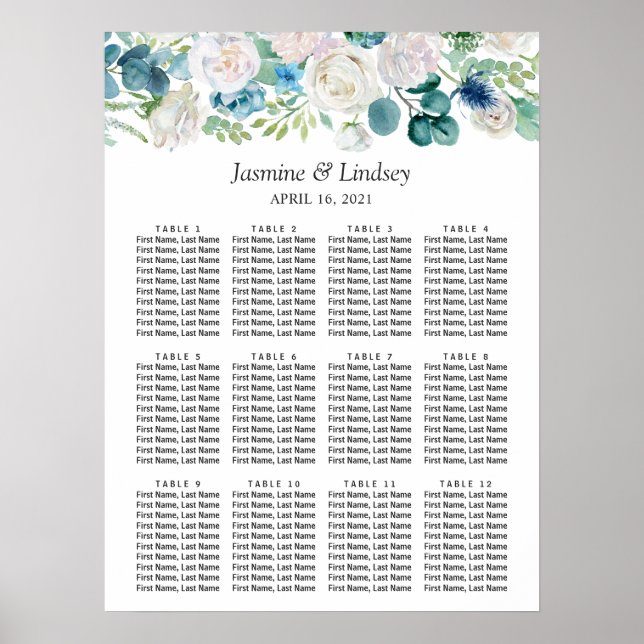 Póster Gráfico de asientos de Boda floral azul verde blan (Frente)