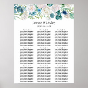 Póster Gráfico de Asientos de Boda Floral Blanco Azul Ver