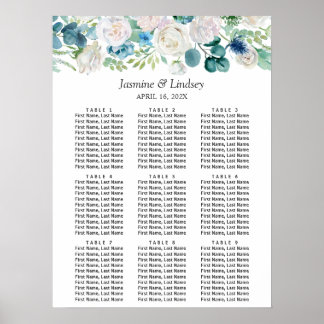 Póster Gráfico de Asientos de Boda Floral Blanco Azul Ver