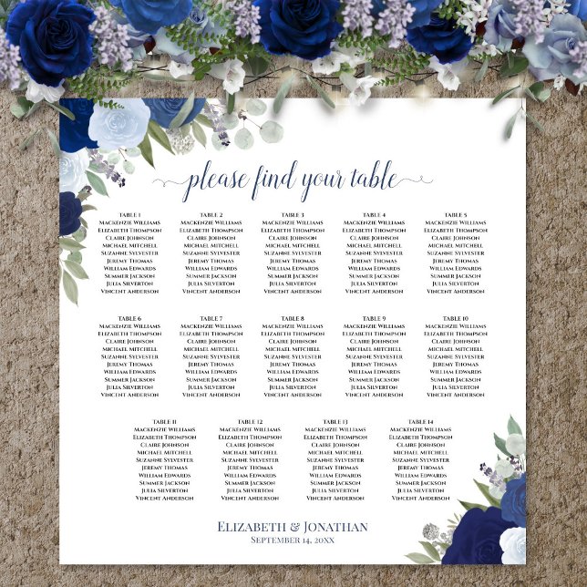 Póster Gráfico de Asientos de Boda Floral Boho Azul de 14 (In Situ on Wall with Flowers)