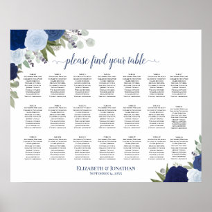 Póster Gráfico de Asientos de Boda Floral Boho Azul de 21