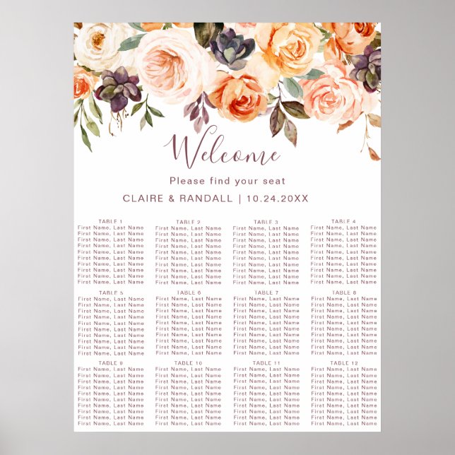 Póster Gráfico de Asientos de Boda Floral Boho Clásico (Frente)