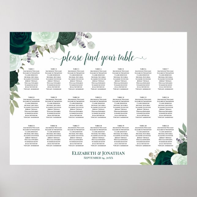Póster Gráfico de Asientos de Boda Floral Boho Esmeralda  (Frente)