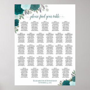 Póster Gráfico de Asientos de Boda Floral Boho Verde Azul