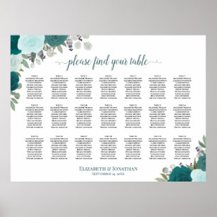 Póster Gráfico de Asientos de Boda Floral Boho Verde Azul