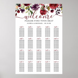 Póster Gráfico de Asientos de Boda Floral Borgoña