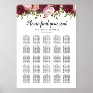 Póster Gráfico de Asientos de Boda Floral Burgundy Rústic